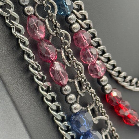 Multicolor Beaded Chain Layered Necklace Statement Aqua Purple Blue Adjustable - Picture 4 of 9